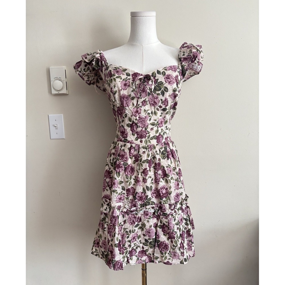 NWT Francescas Large Dress Floral Cottagecore Fairy Cotton Ruffle Purple Green